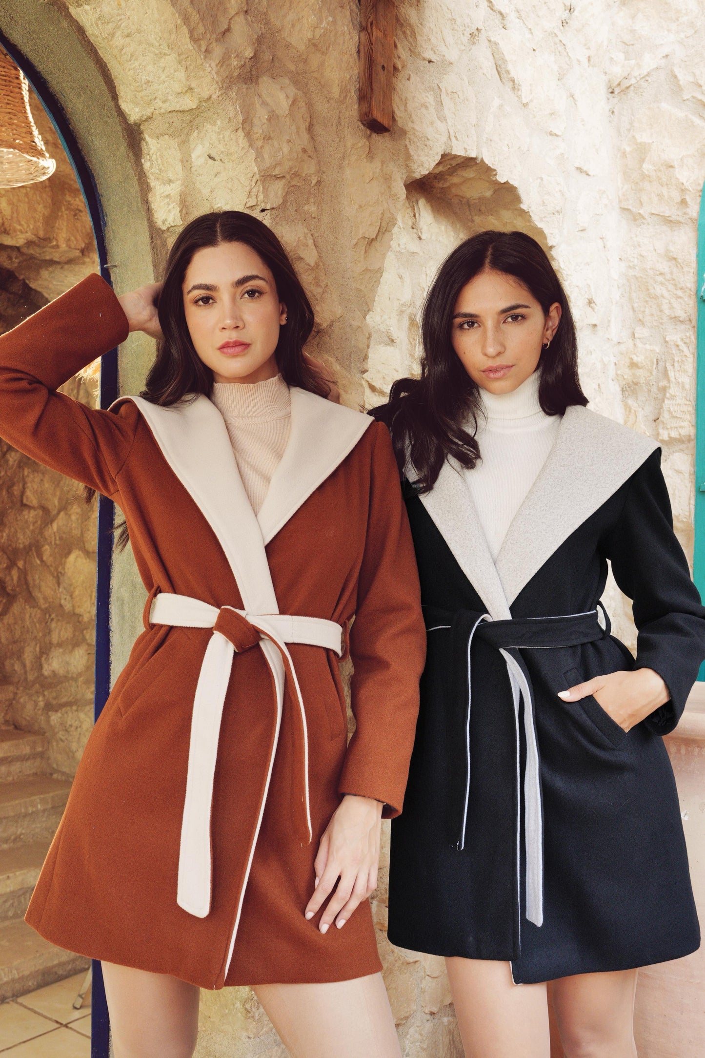 Belted Wool Coat with Contrast Collar