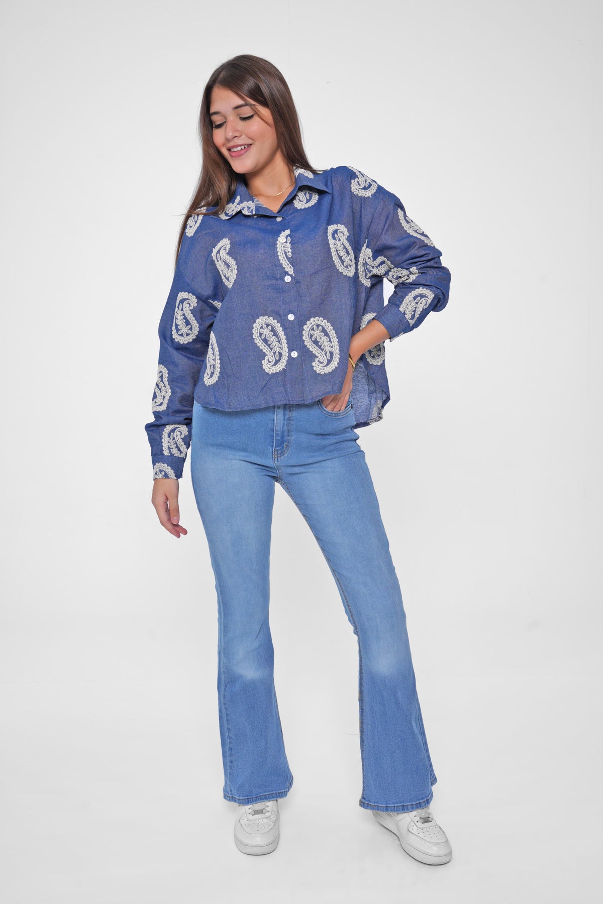 Elevate your casual look with the Embroidered Short Denim Shirt