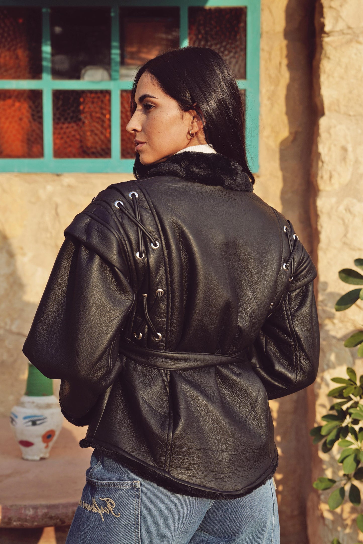 Faux Leather Belted Winter Jacket