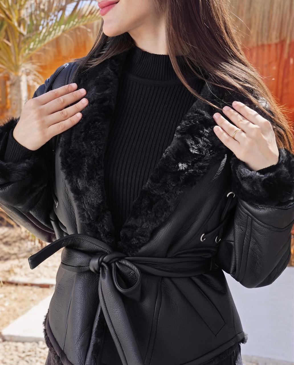 Faux Leather Belted Winter Jacket
