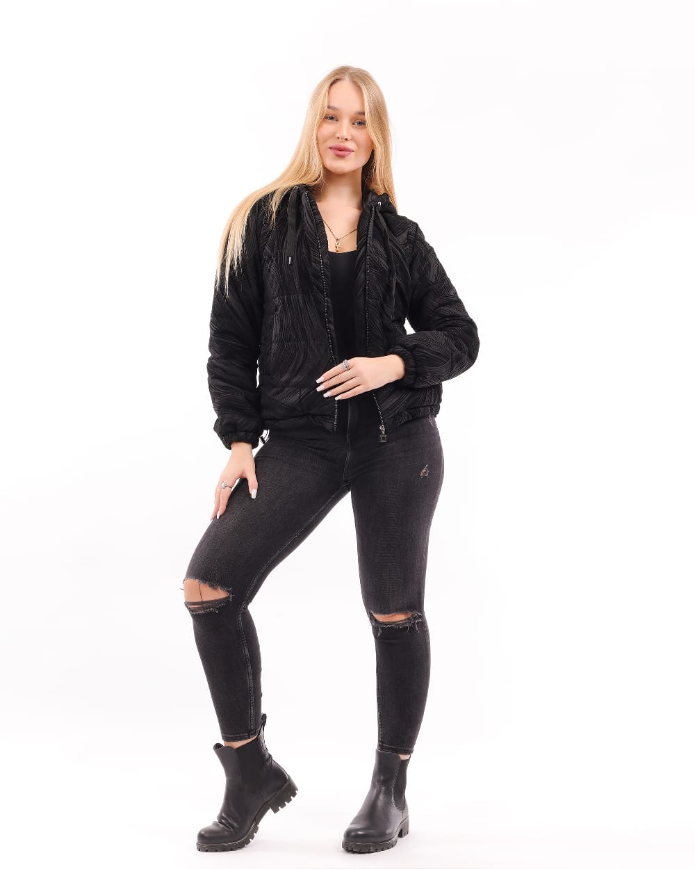 Textured Black Hooded Puffer Jacket