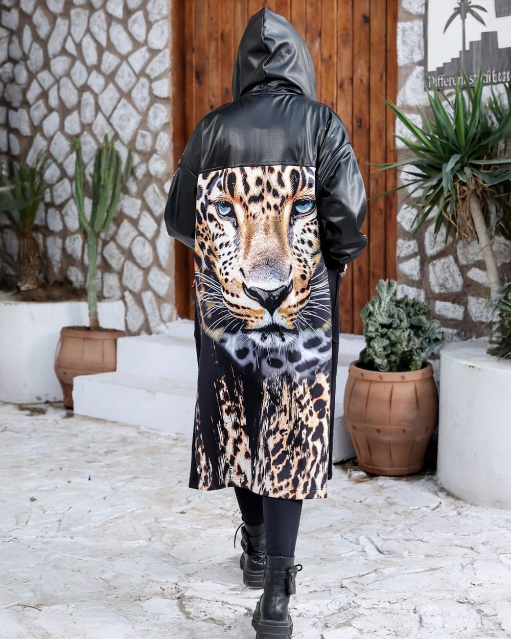 Black Longline Coat with Faux Leather & Animal Print Accents