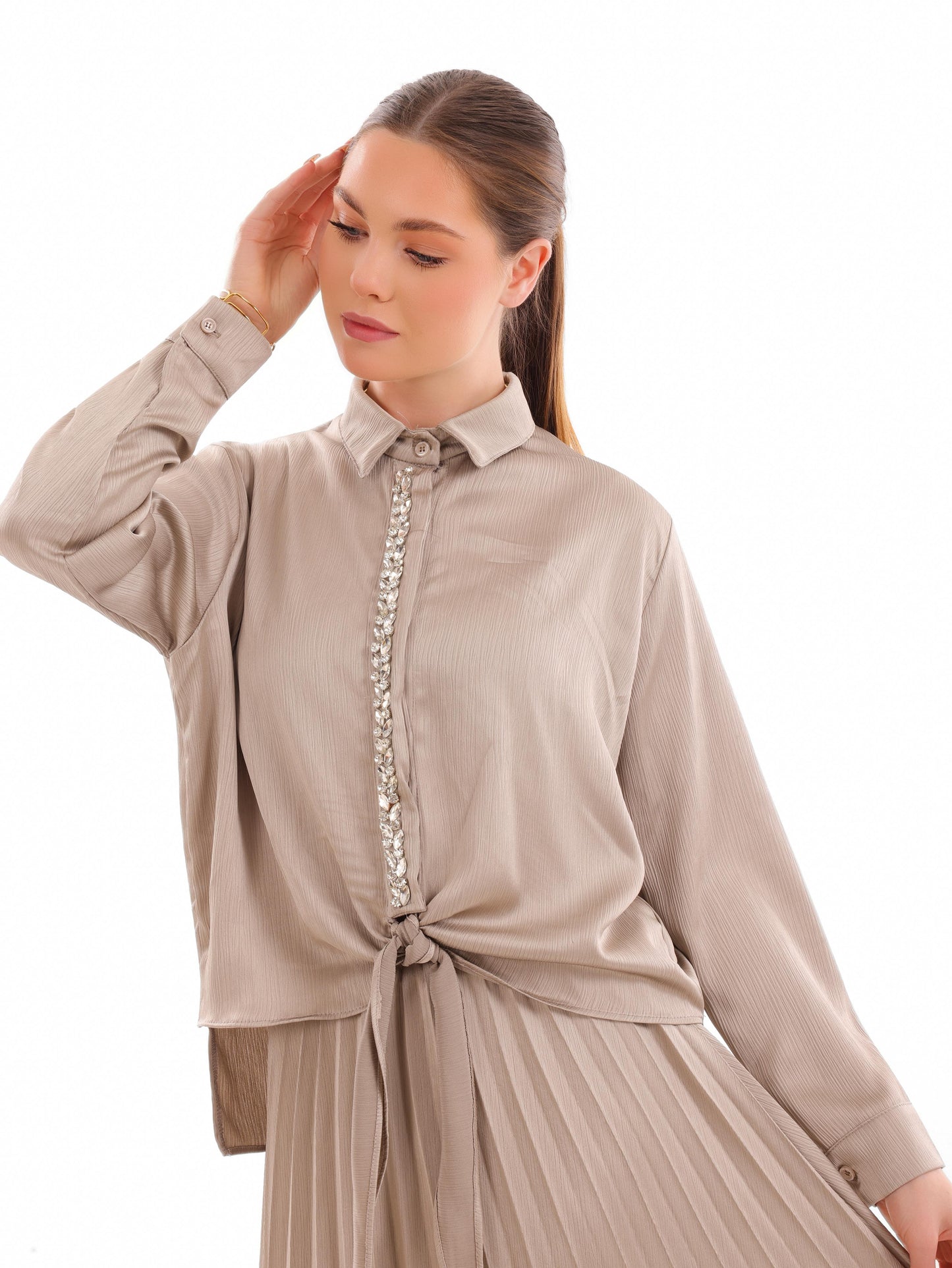 Pleated Tie Shirt Set
