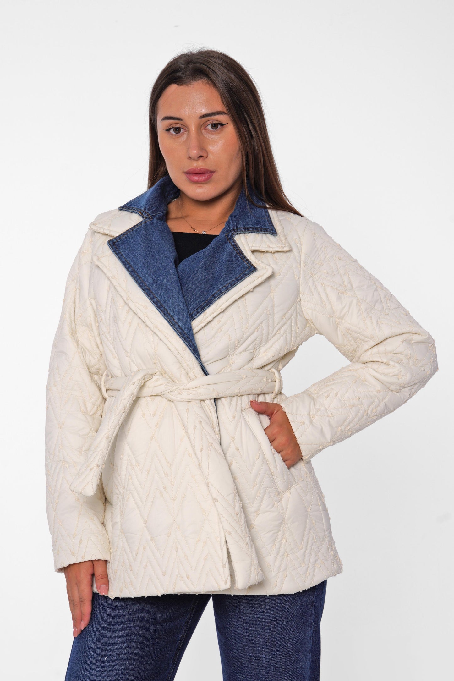Quilted Jacket with Denim Collar