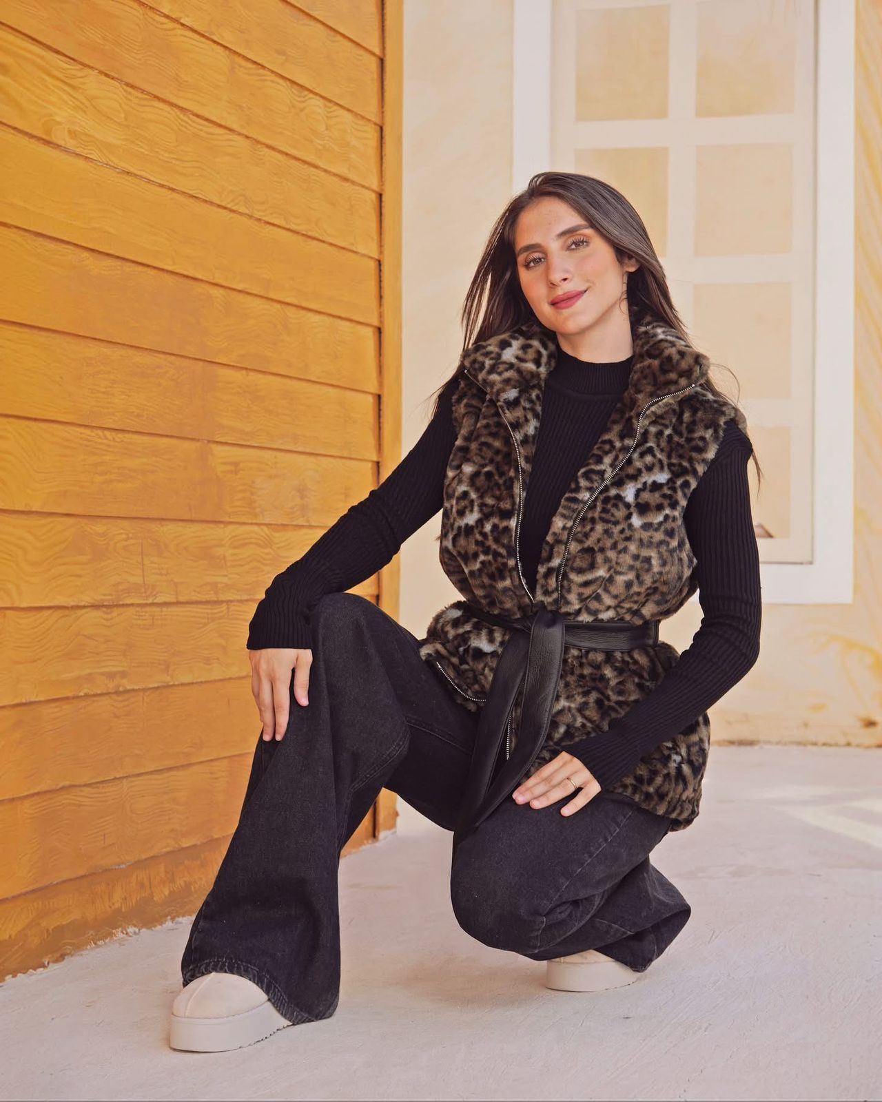 Patterned Faux Fur Vest with Waist Belt