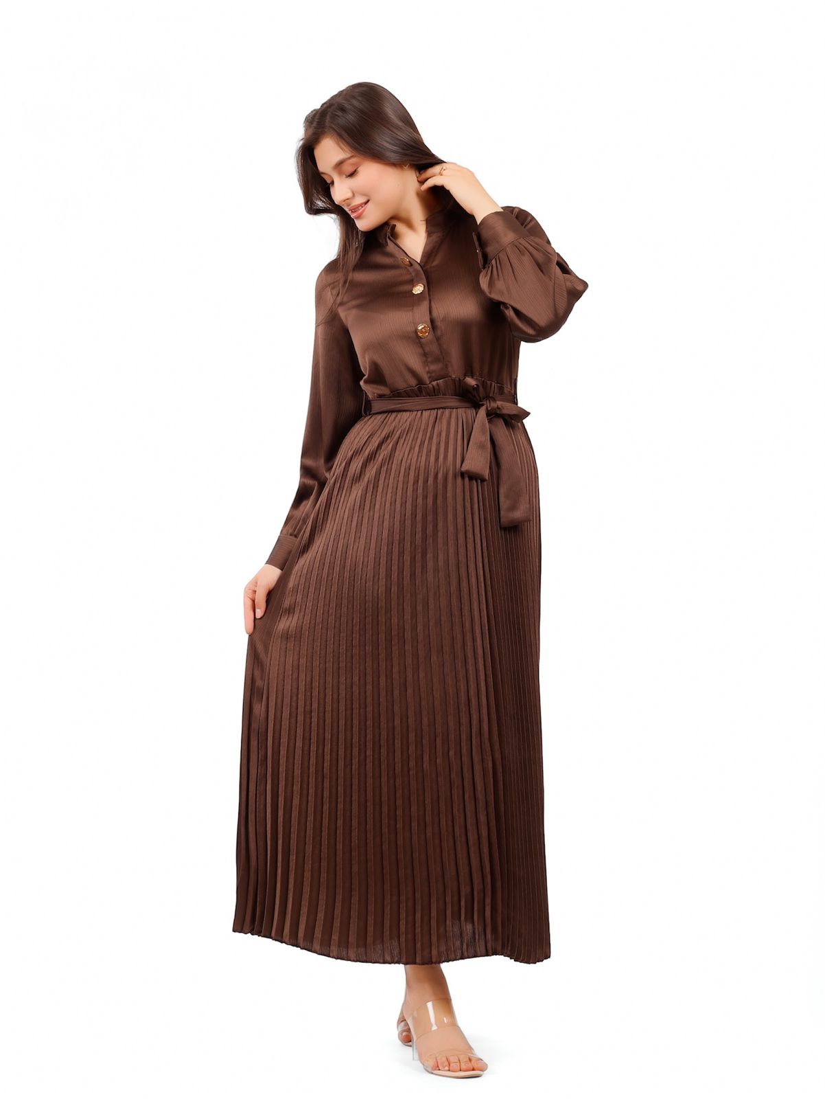 Pleated Satin Long-Sleeve Maxi Dress