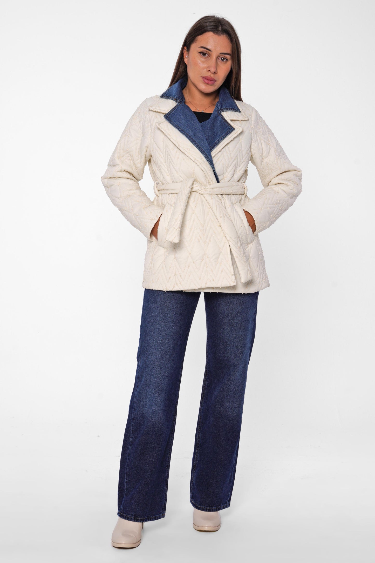 Quilted Jacket with Denim Collar