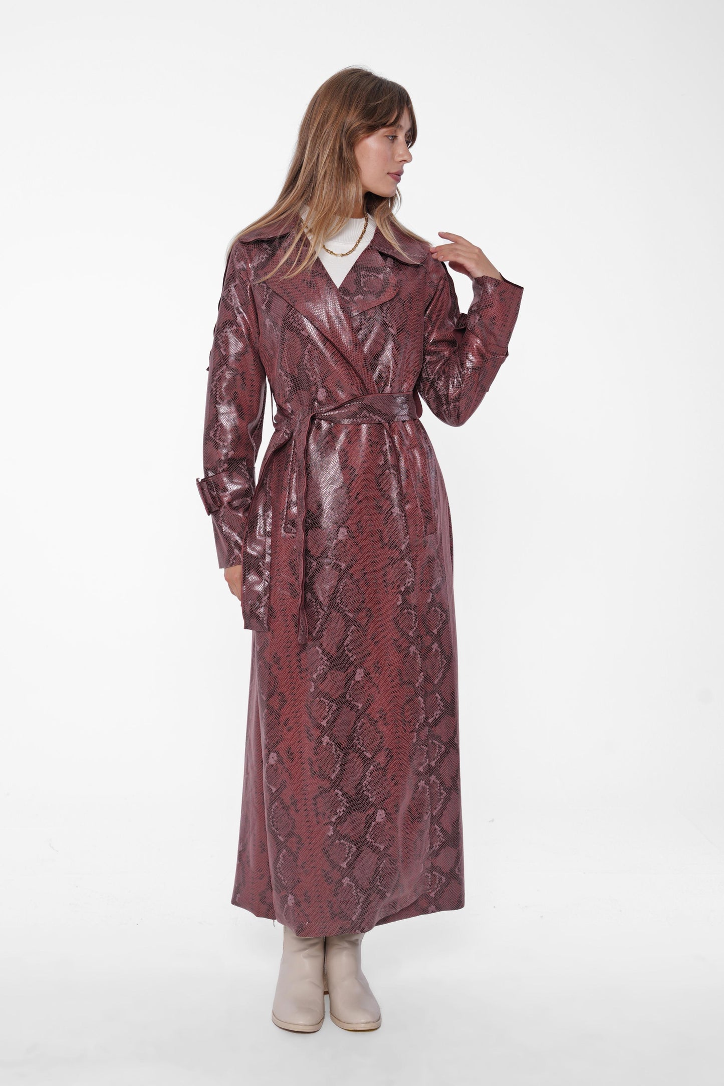 Snakeskin Faux Leather Trench Coat