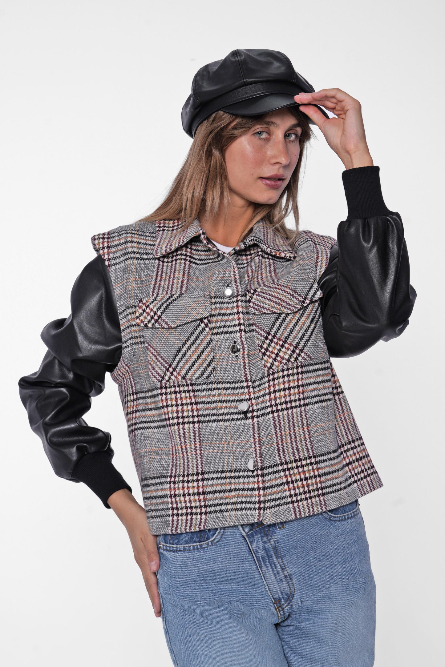 Plaid & Leather Mix Jacket