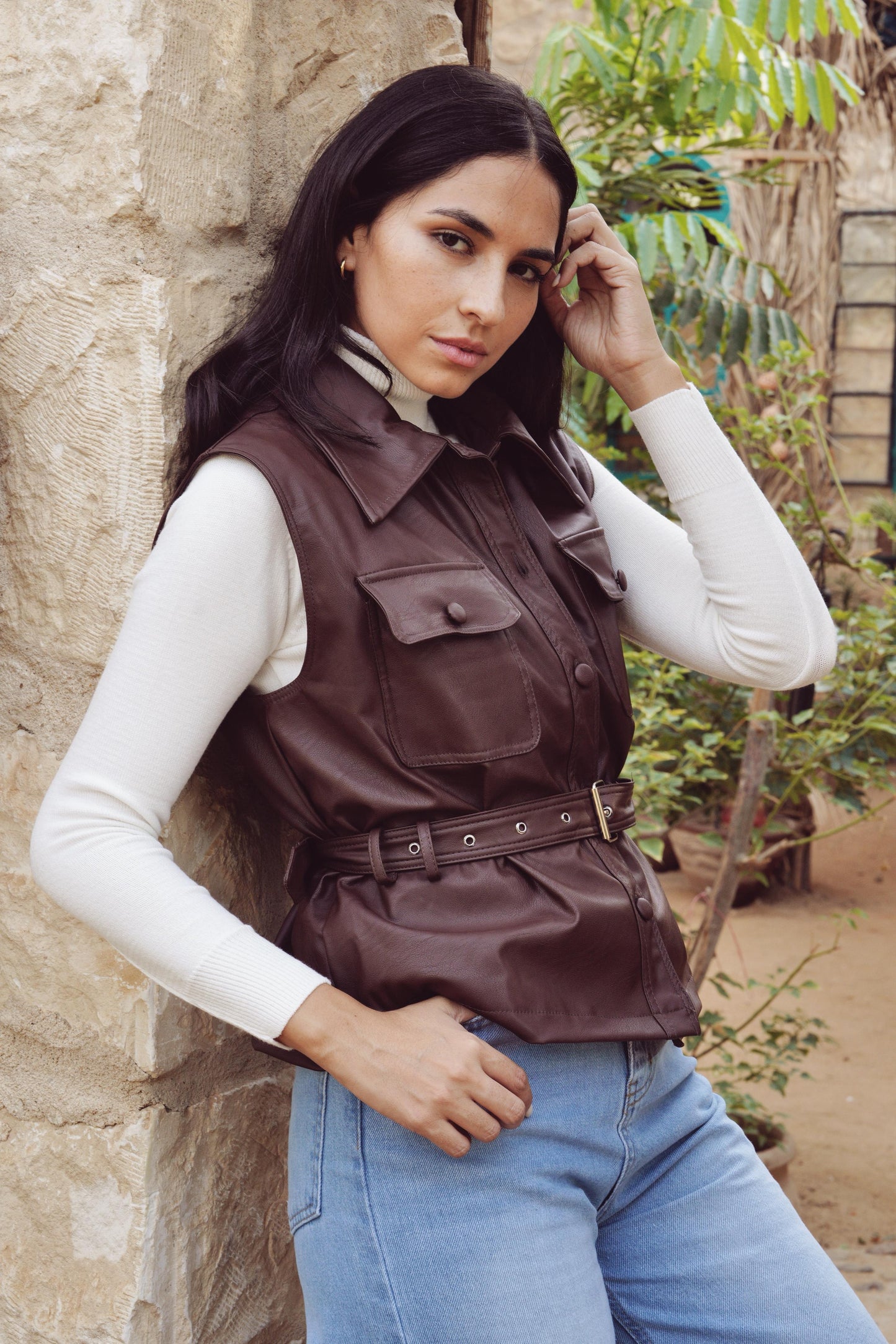 Faux-Leather Belted Vest