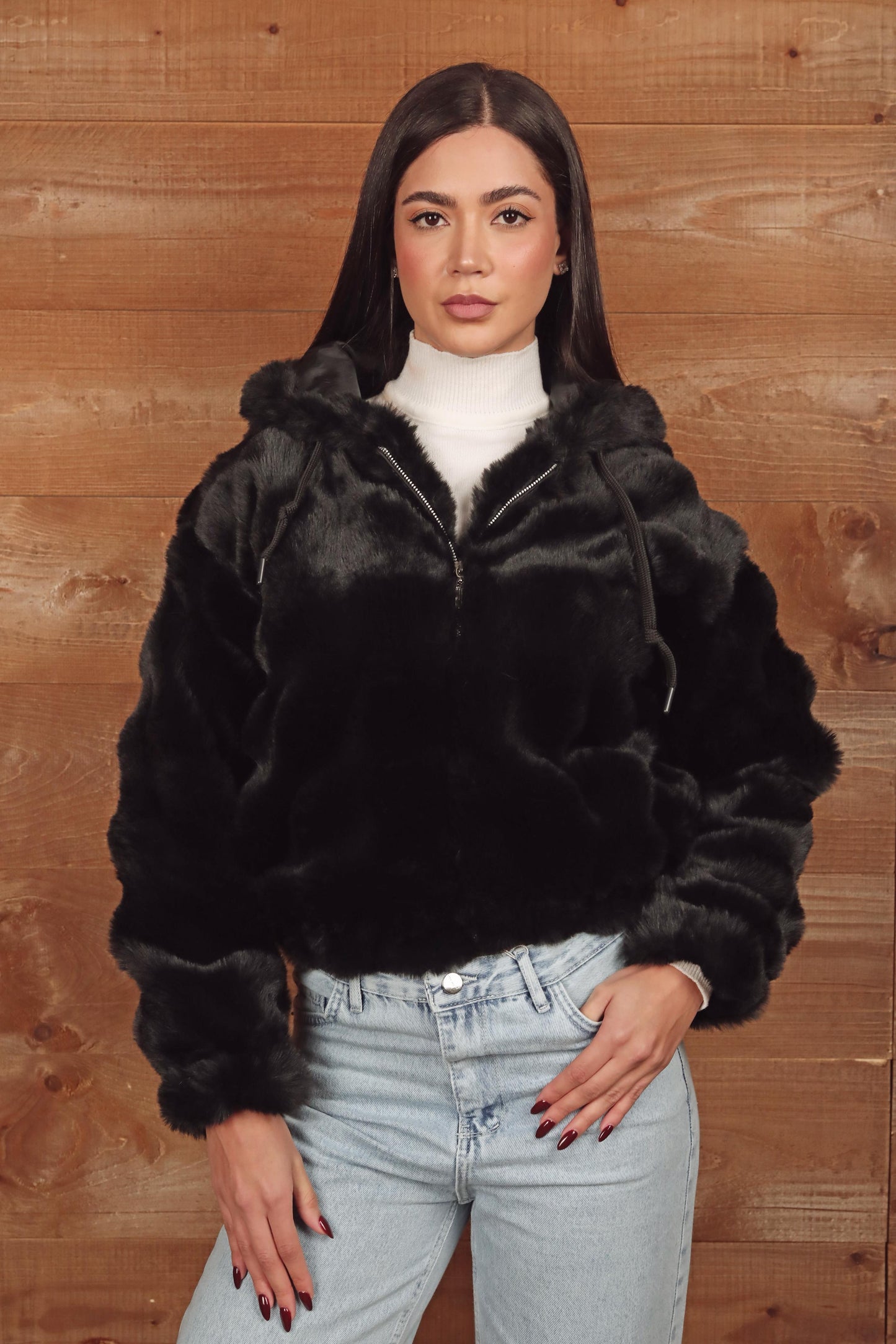 Short Hooded Faux Fur Jacket