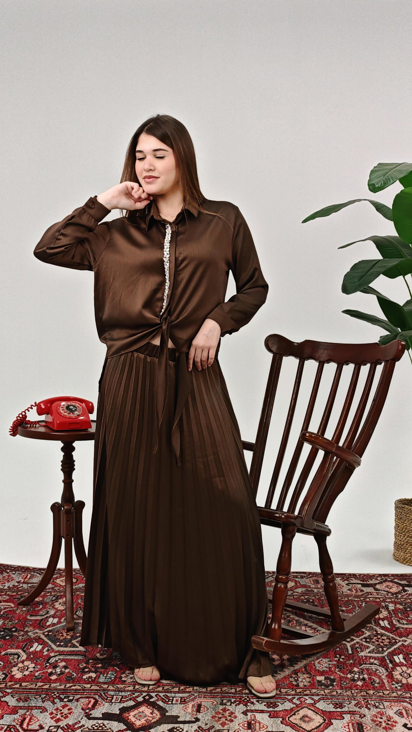 Pleated Tie Shirt Set