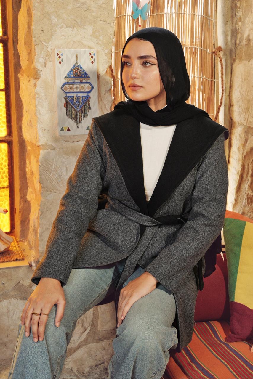 Belted Wool Coat with Contrast Collar