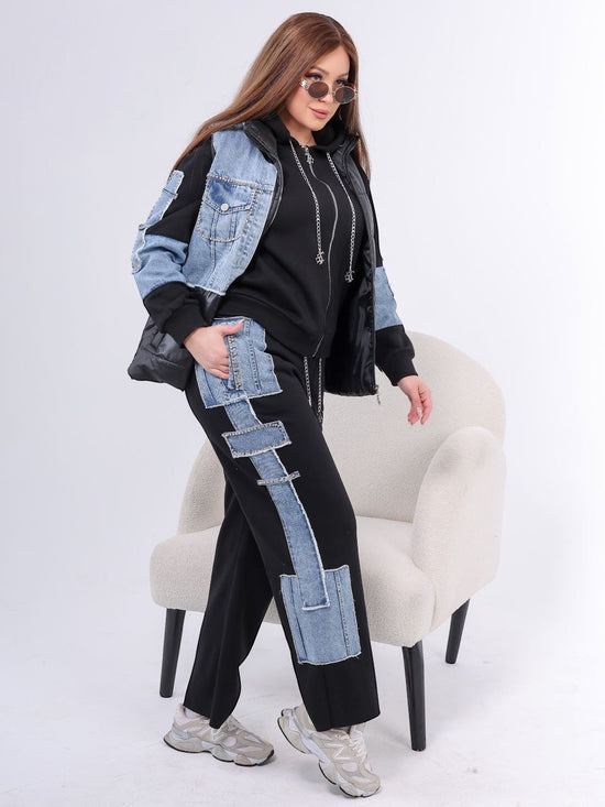 Denim Patchwork Hoodie & Pants Set
