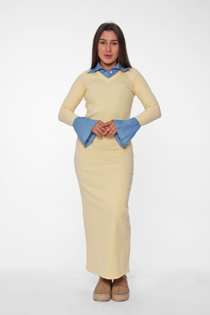 Ribbed Maxi Dress with Blue Collar