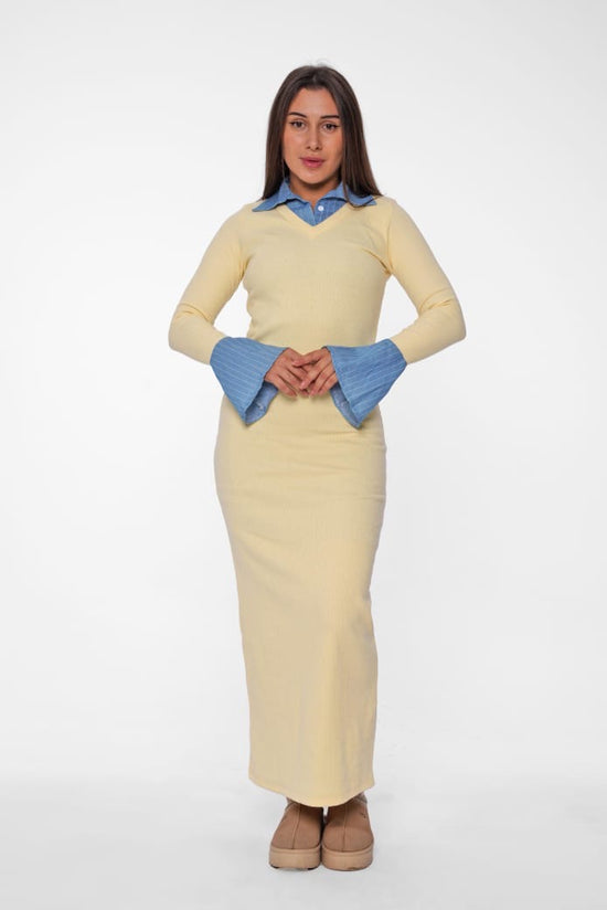 Ribbed Maxi Dress with Blue Collar