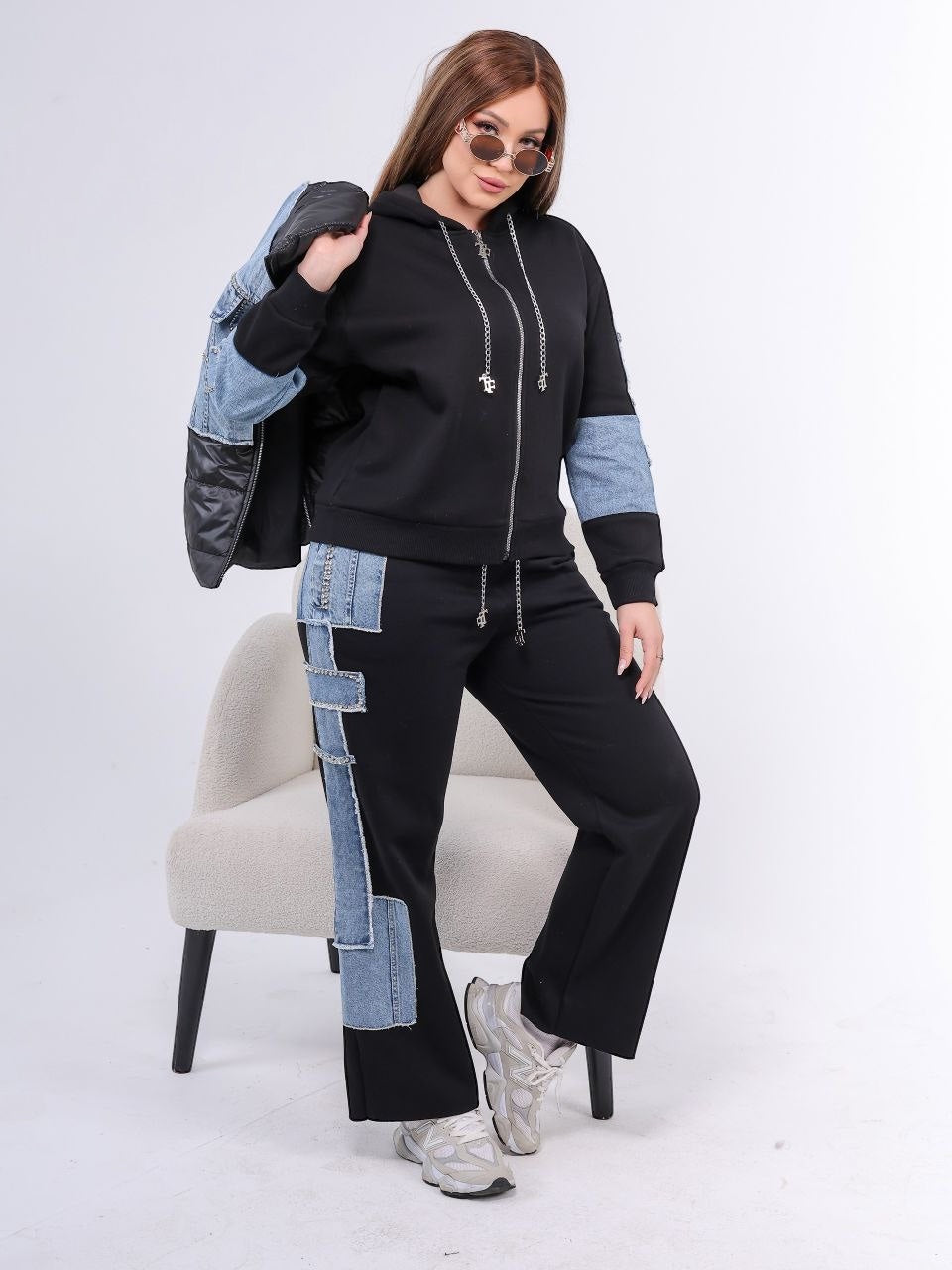 Denim Patchwork Hoodie & Pants Set