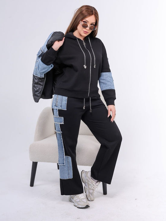Denim Patchwork Hoodie & Pants Set