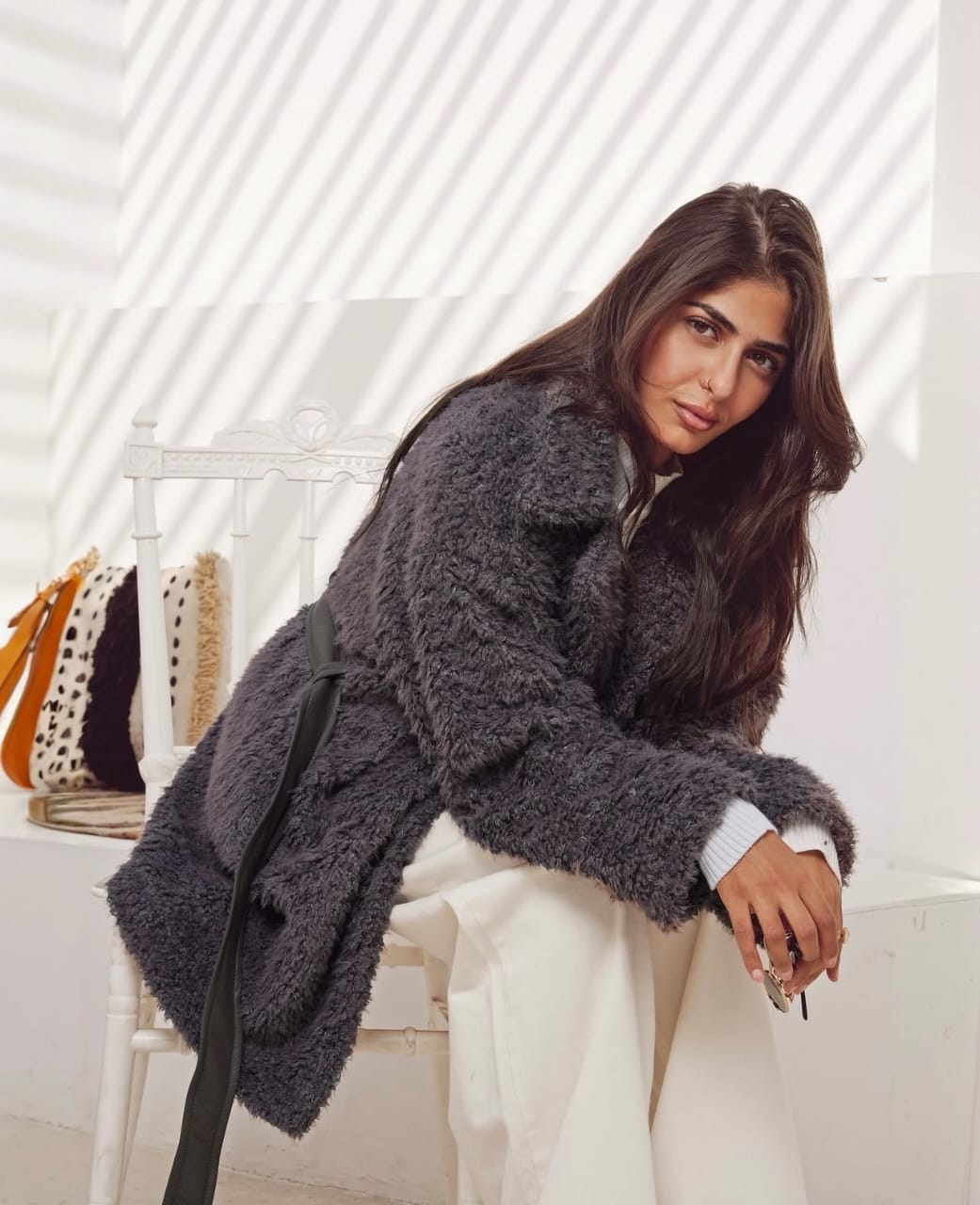 Faux Fur Winter Jacket with Leather Belt