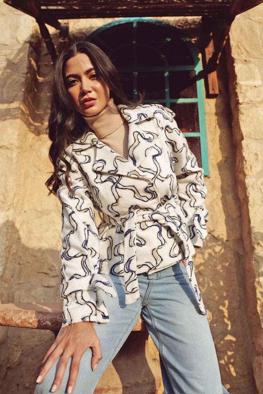 Textured Abstract Printed Belted Jacket