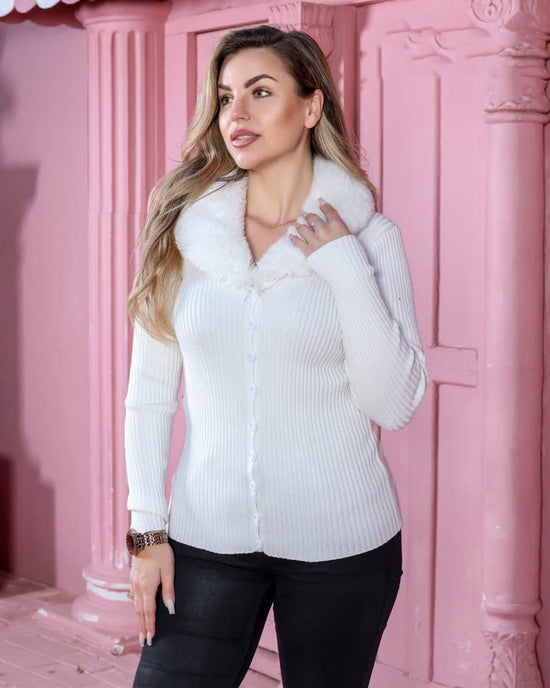 Ribbed Knit Cardigan with Faux Fur Collar – DIVA Wear