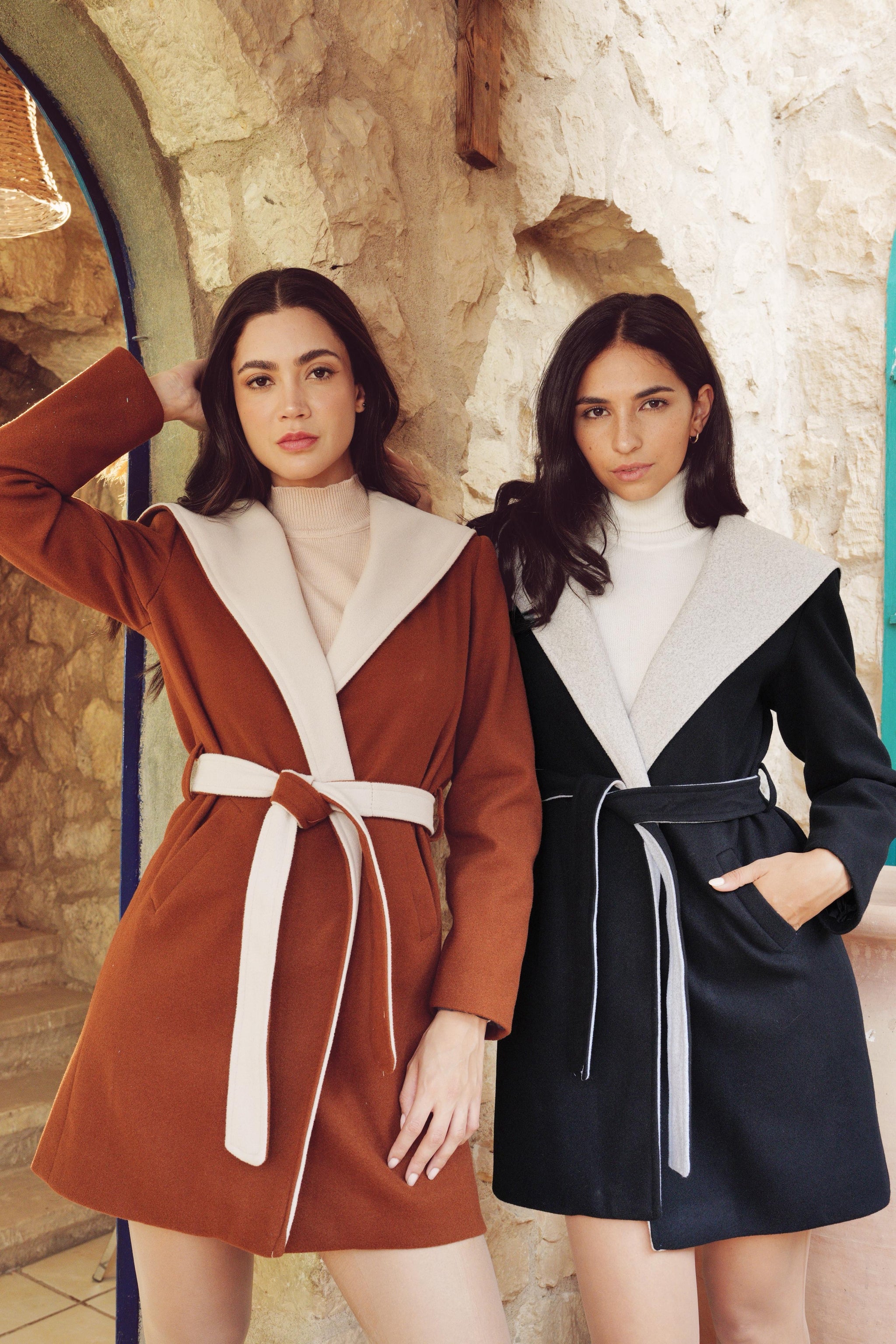 Belted Wool Coat with Contrast Collar