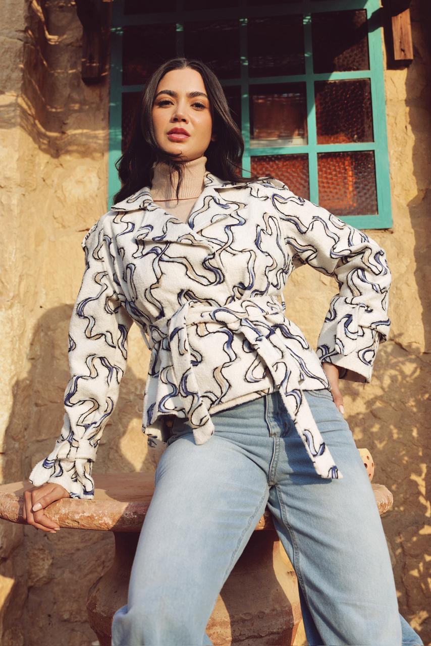 Textured Abstract Printed Belted Jacket