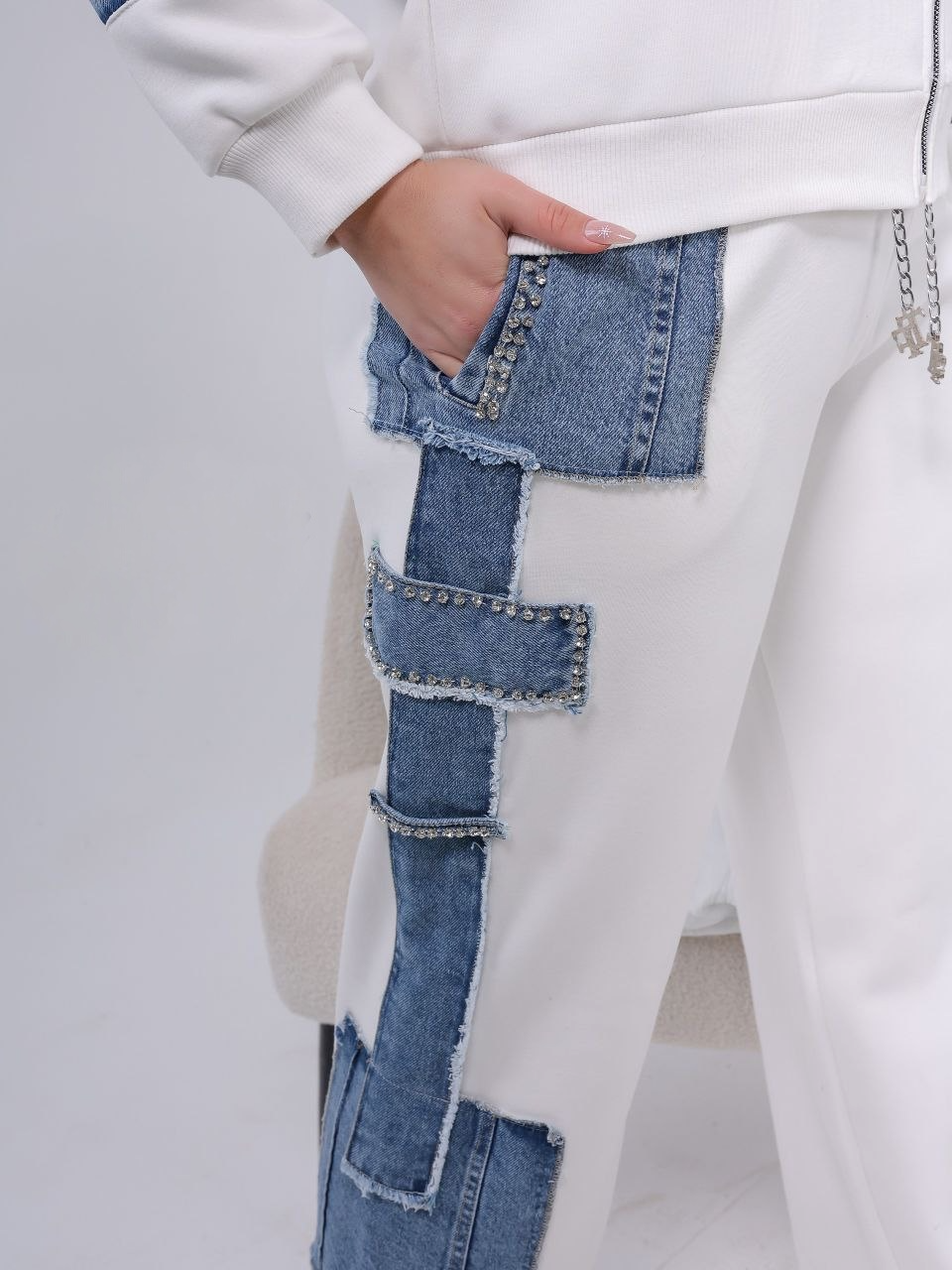 Denim Patchwork Hoodie & Pants Set