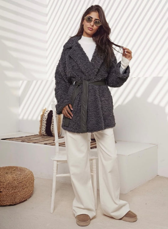 Faux Fur Winter Jacket with Leather Belt