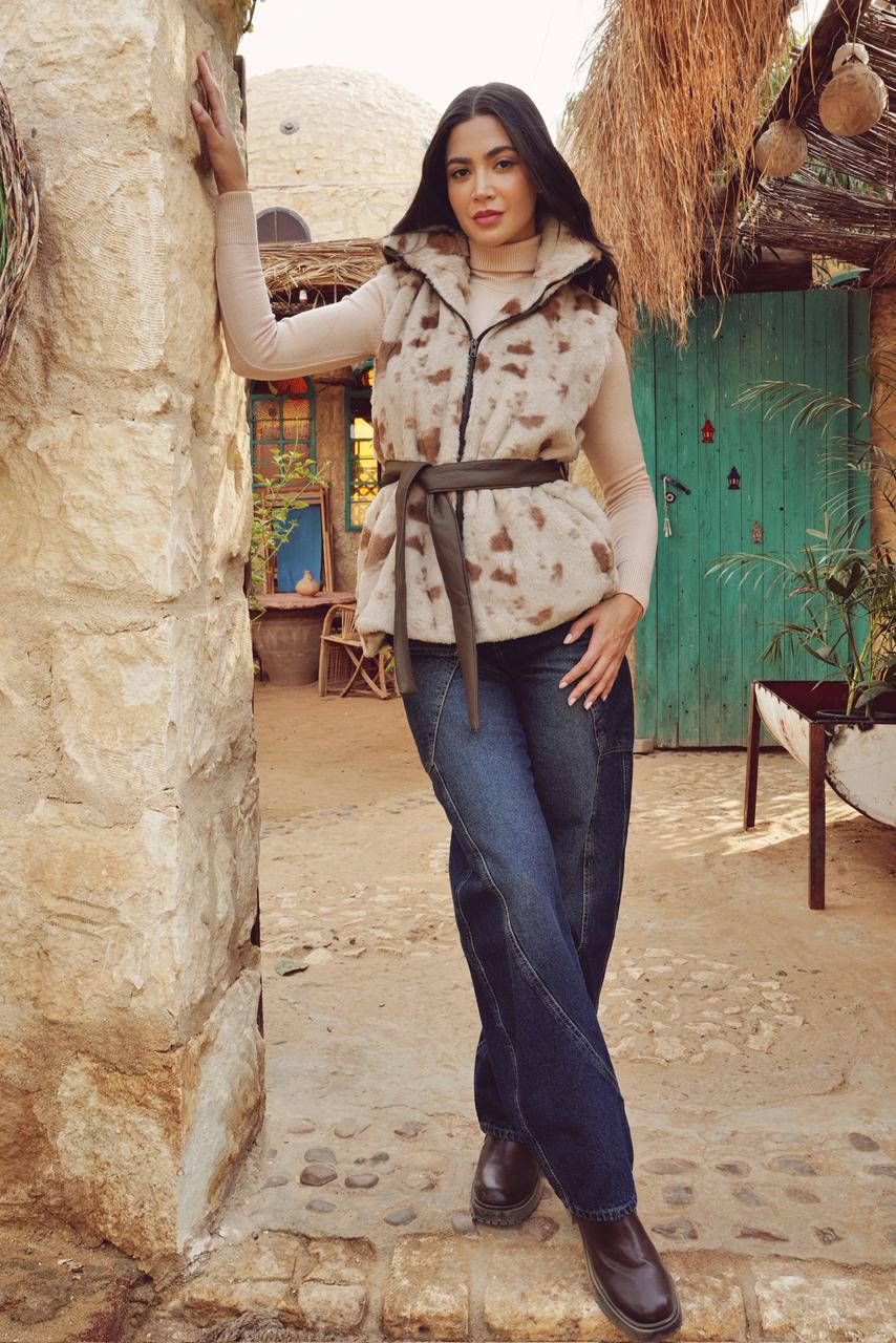 Patterned Faux Fur Vest with Waist Belt