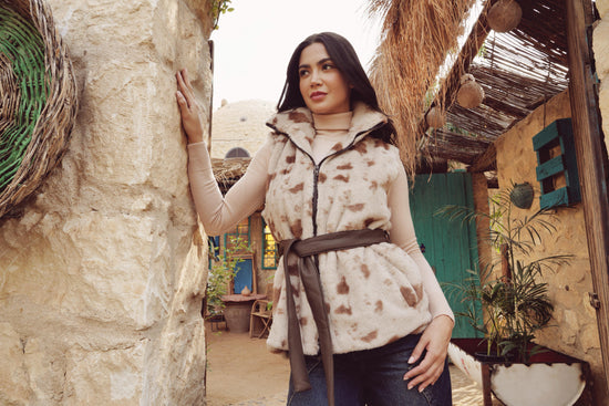 Patterned Faux Fur Vest with Waist Belt