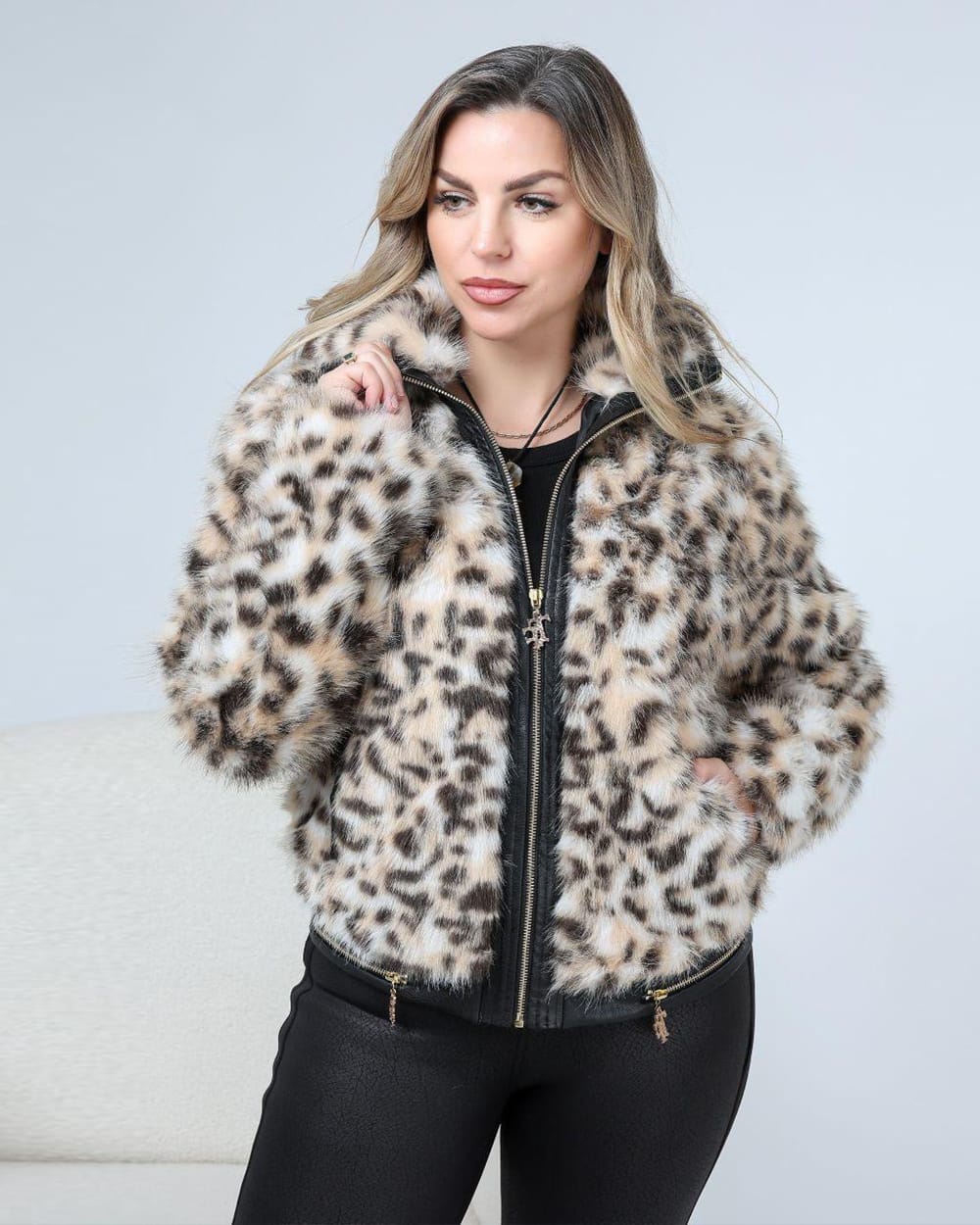 Leopard Print Faux Fur Jacket with Zipper
