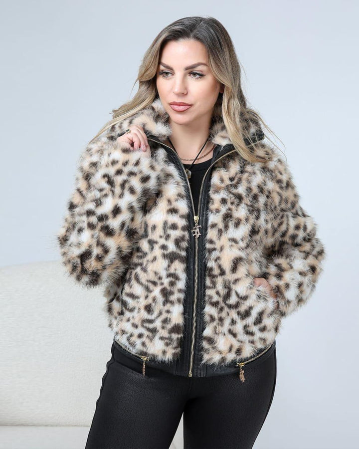 Leopard Print Faux Fur Jacket with Zipper
