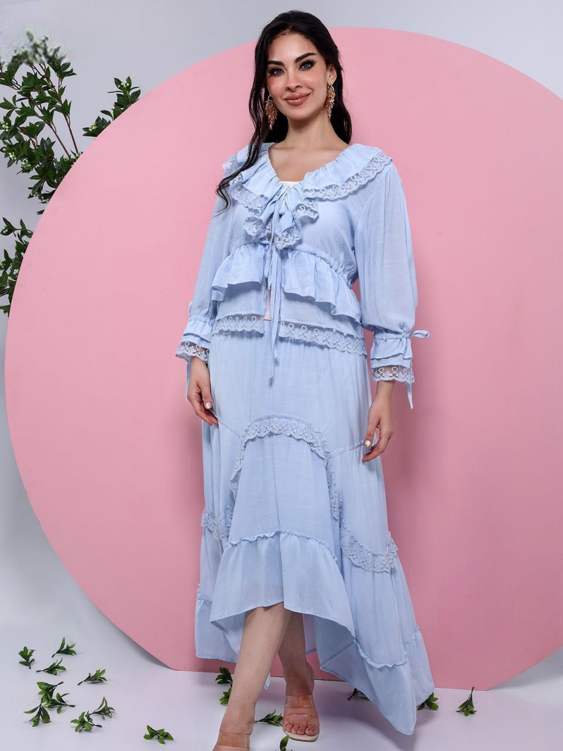 A plain suit with delicate guipure lace details.