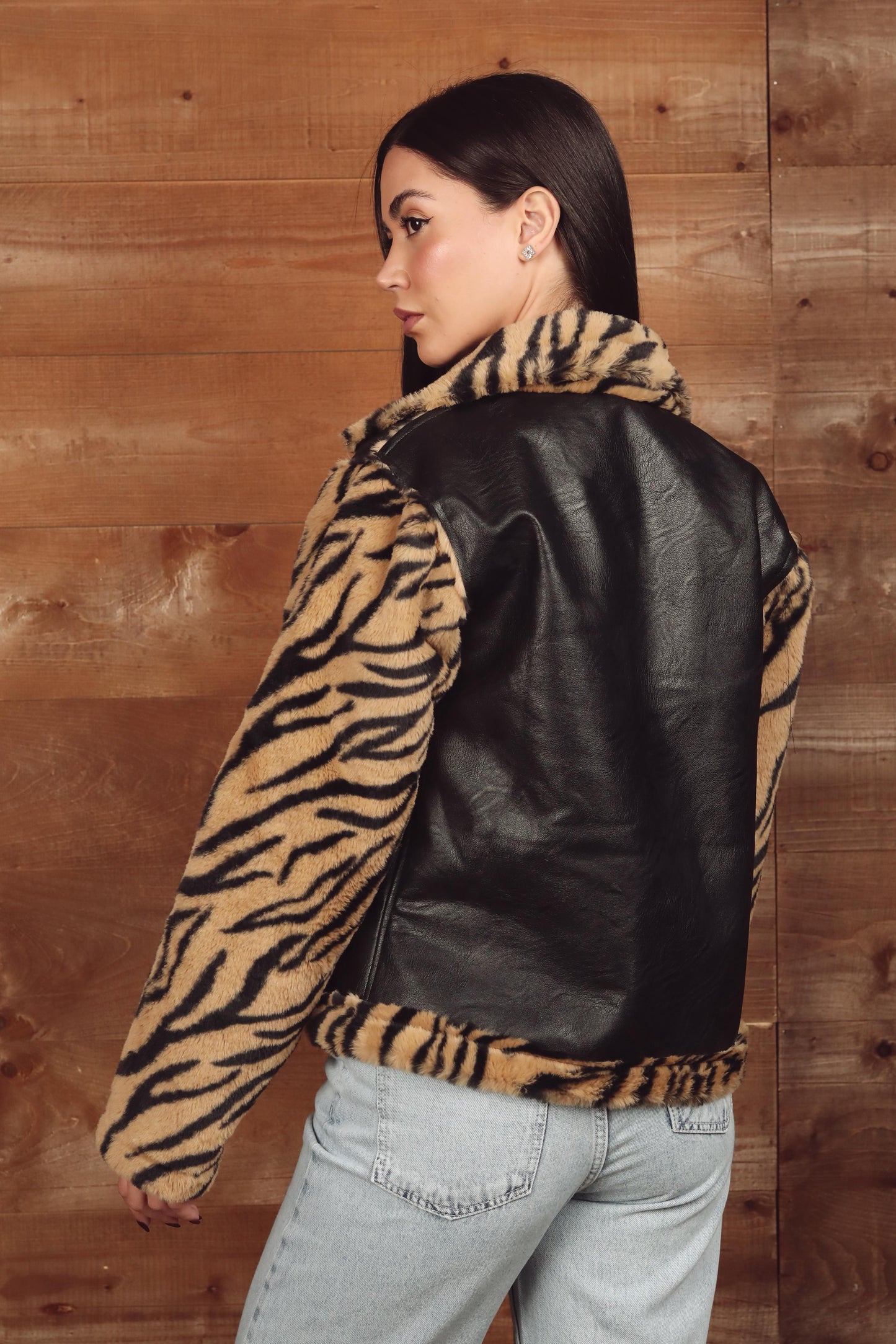 Tiger Print Faux Fur &  Leather Jacket