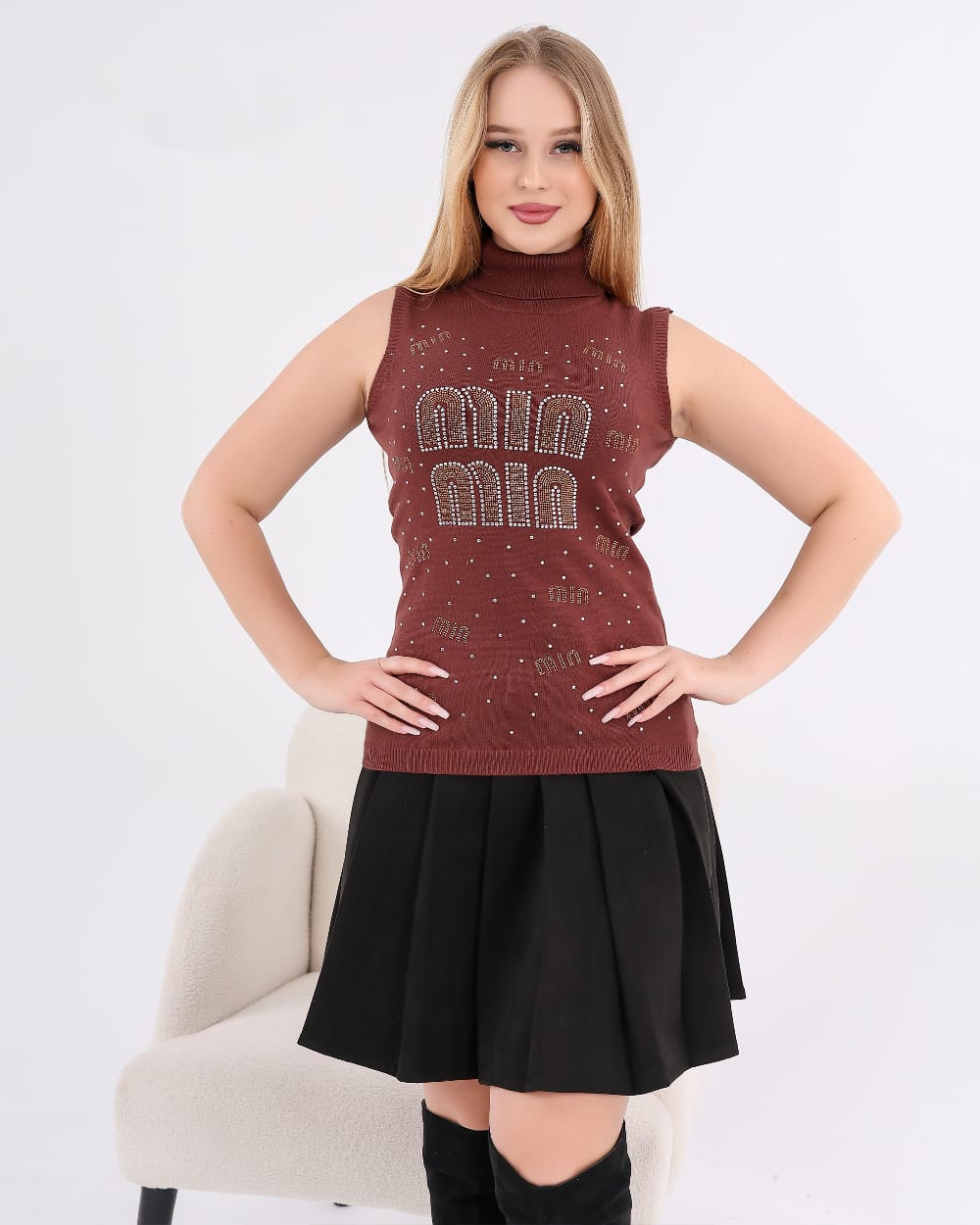 Sleeveless High Neck Knit Top with Studded Logo