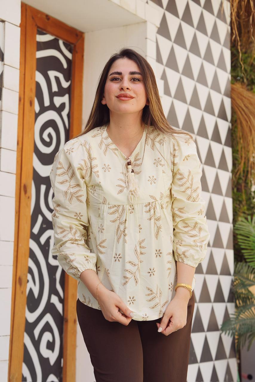 Printed Puff-Sleeve Tassel Blouse