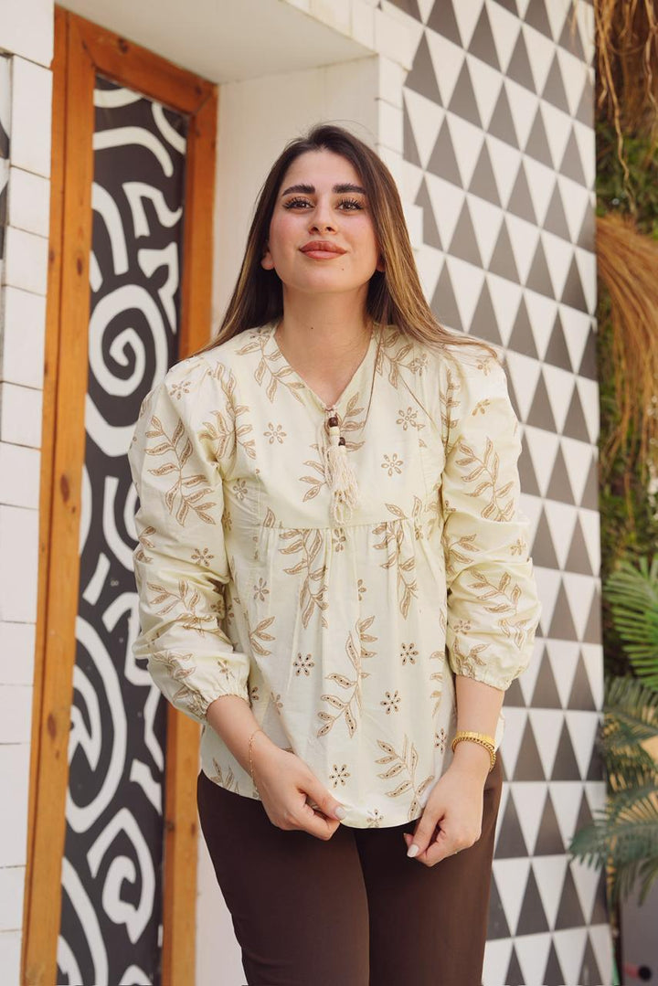 Printed Puff-Sleeve Tassel Blouse