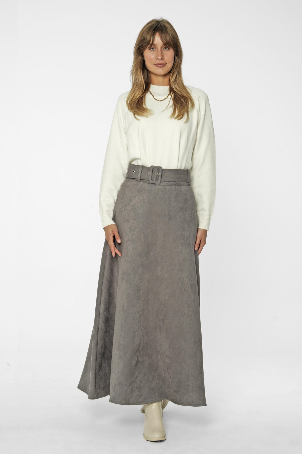 Suede Maxi Skirt with Belt