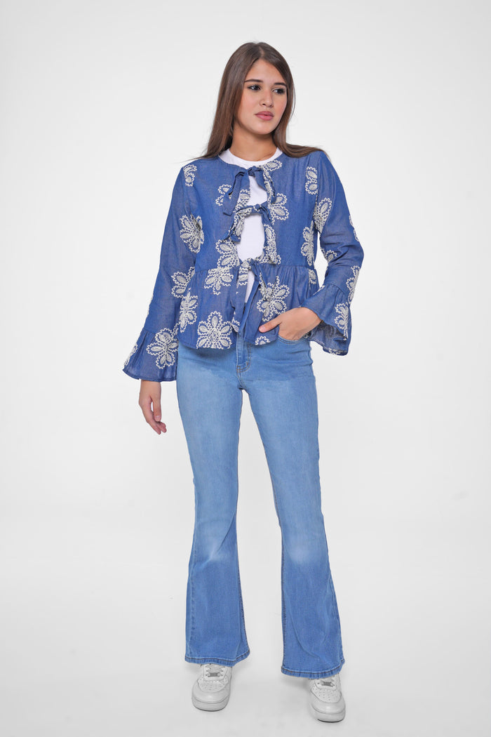 Shine in style with our Embroidered Denim Blouse
