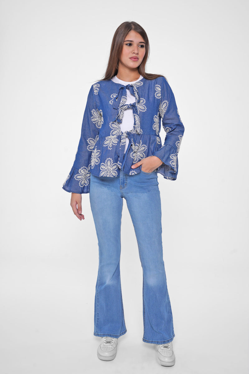Shine in style with our Embroidered Denim Blouse