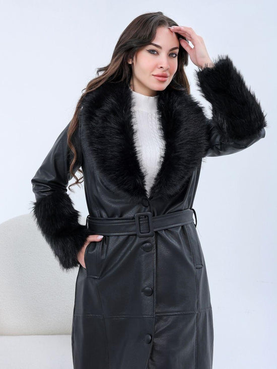 Faux Leather Coat with Fur Collar