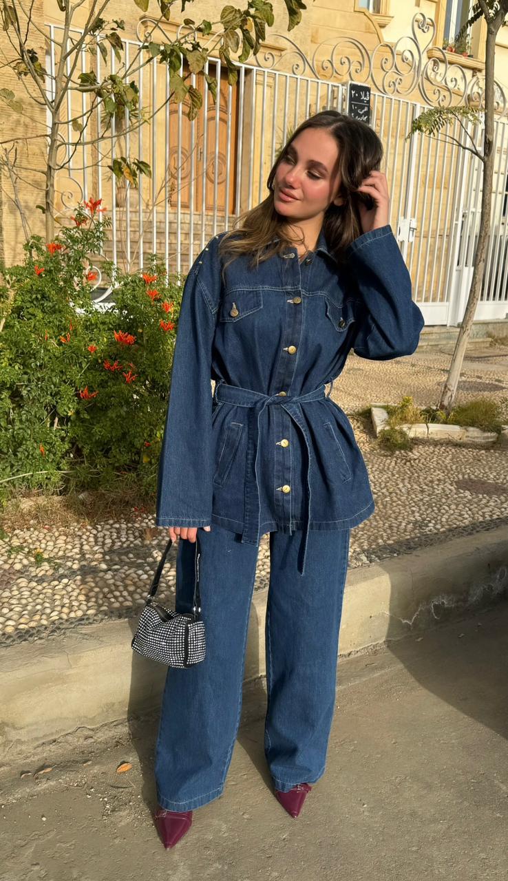 Denim Belted Jacket & Wide-Leg Pants Set