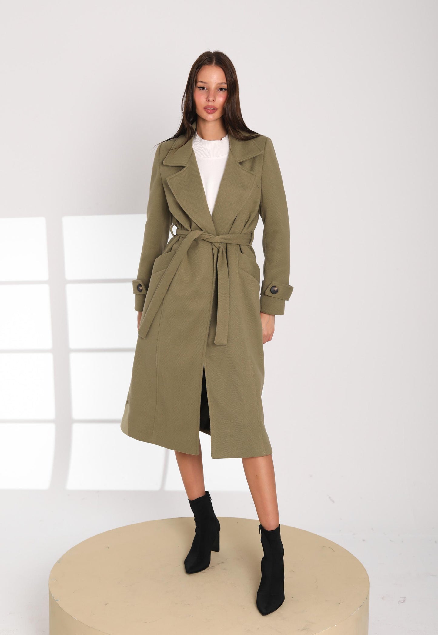 Olive Green Belted Wool Coat