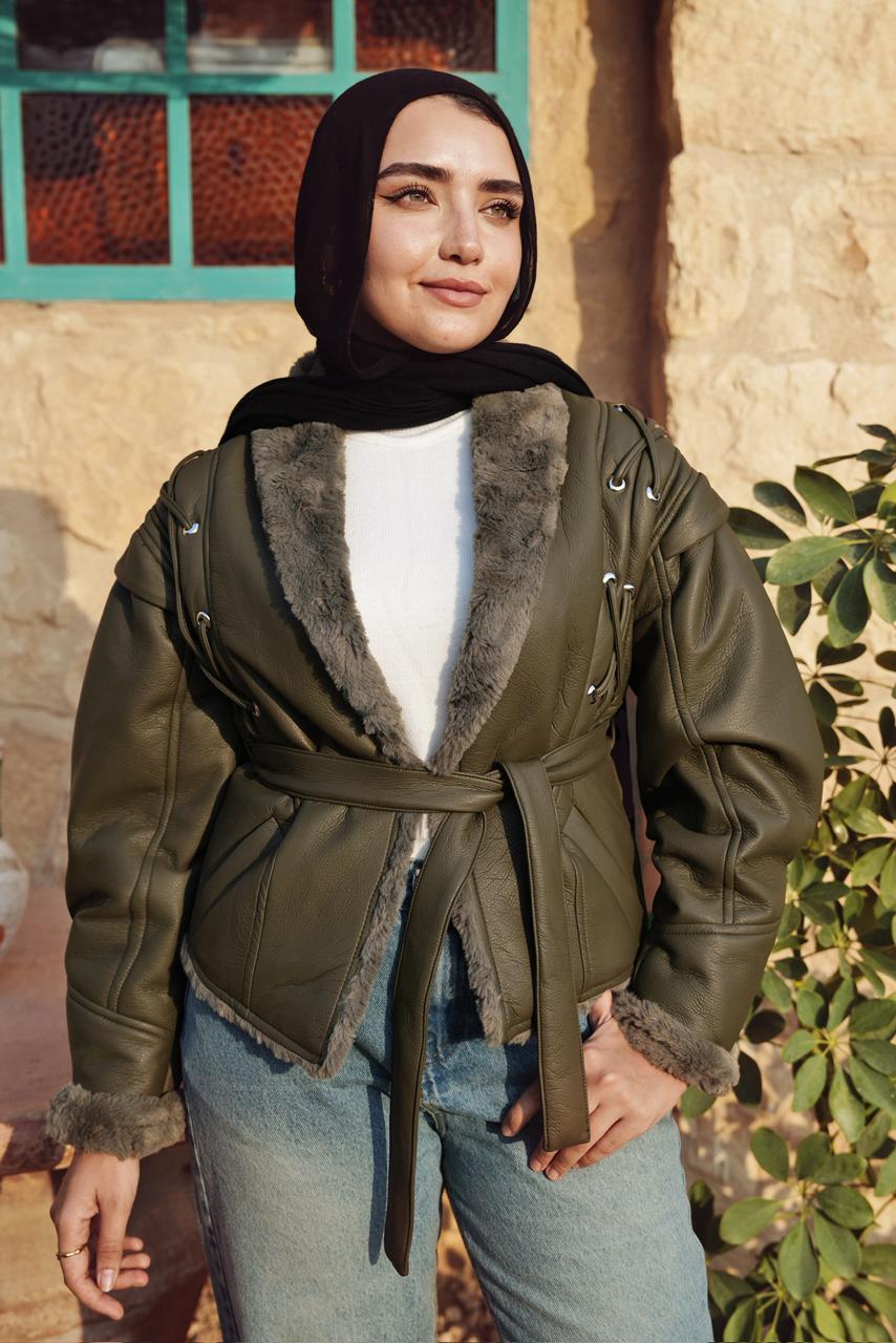 Faux Leather Belted Winter Jacket