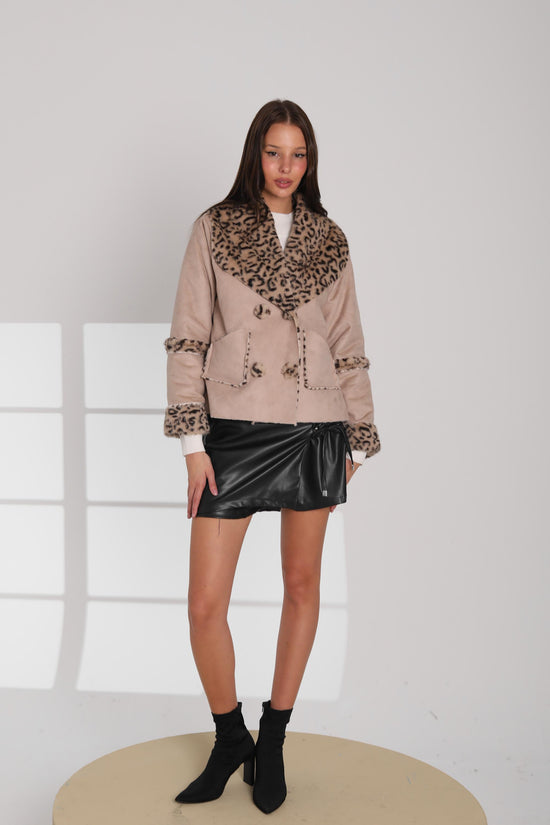 Faux Suede Leopard-Trim Winter Jacket