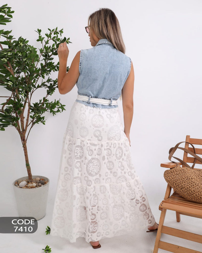 A stylish denim dress adorned with delicate guipure lace for a feminine touch