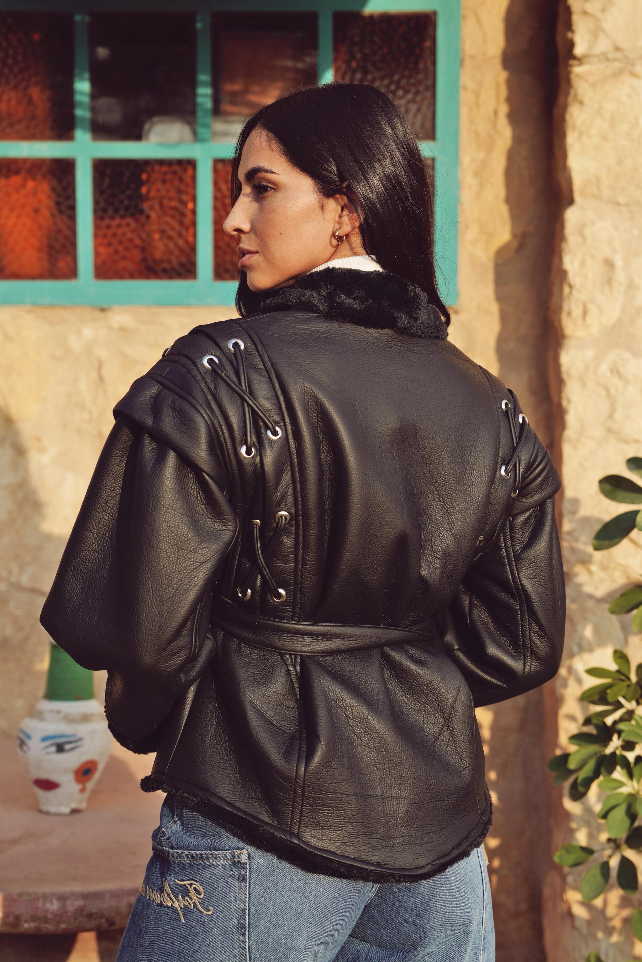 Faux Leather Belted Winter Jacket