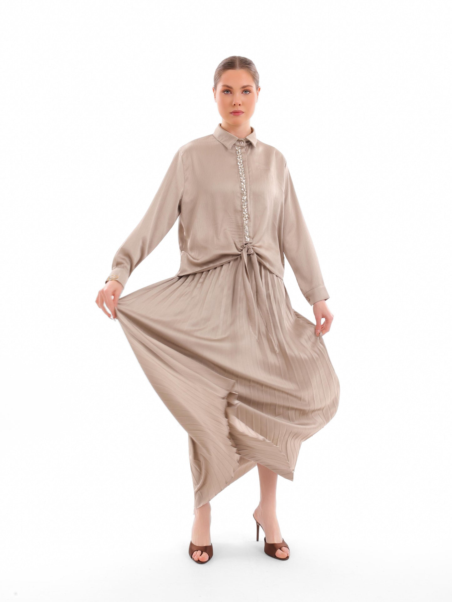 Pleated Tie Shirt Set