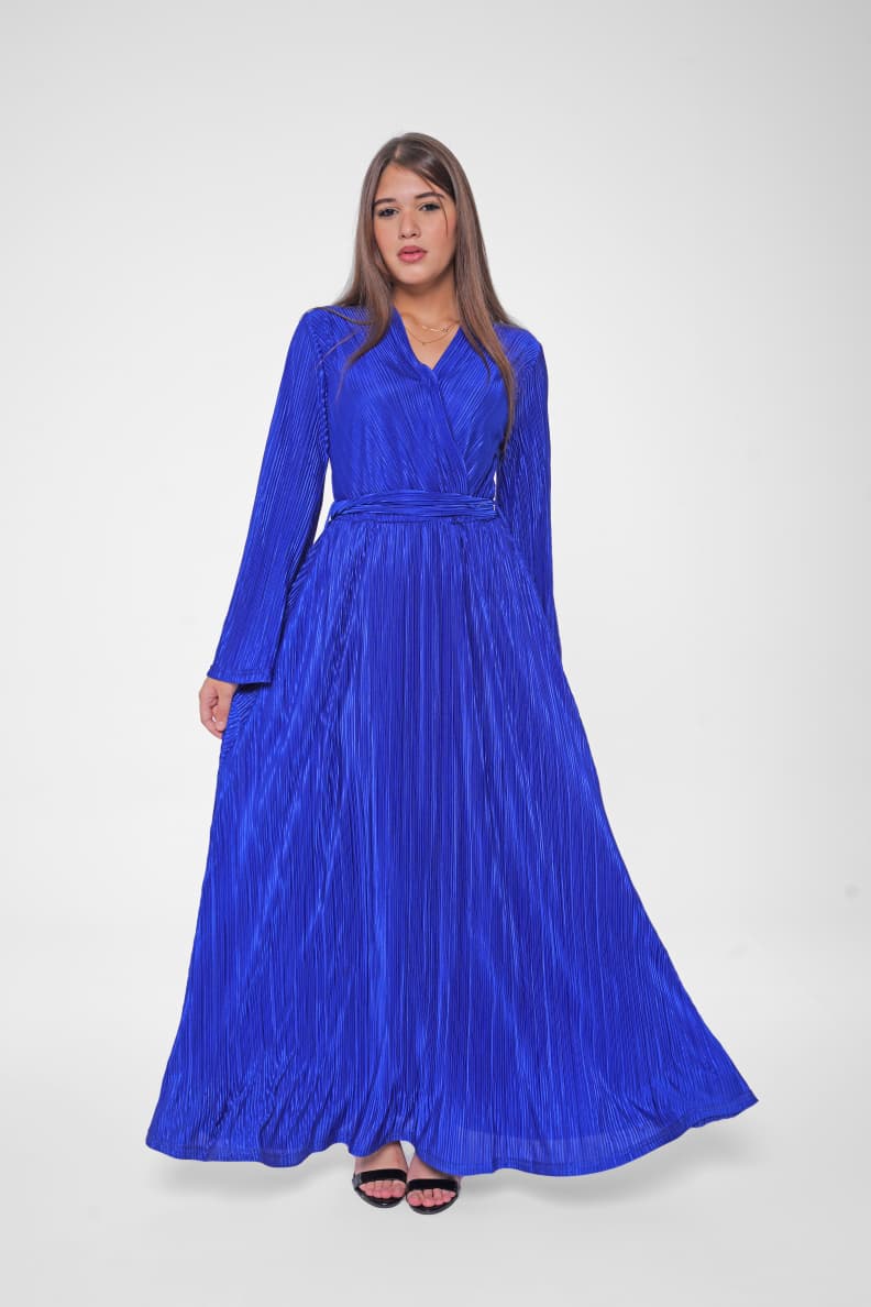 Stay stylish and comfortable in this flowy pleated dress